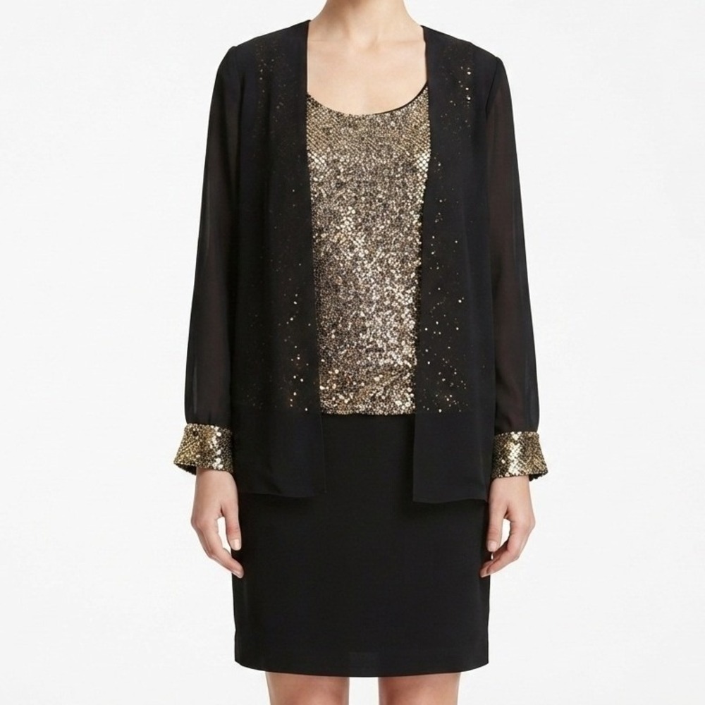 Vintage Patra Evening Dress Set Womens 6P Black Gold Sequined 2-Piece Jacket